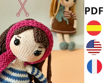 KNITTED DOLL TUTORIAL, two-needle knitted doll tutorial. Two-needle doll pattern. Spanish. English. French.