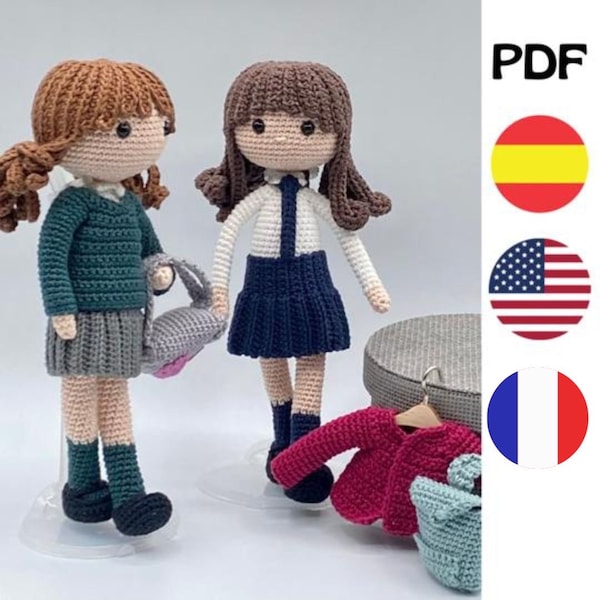 CROCHET DOLL PATTERN, pattern in Spanish and English, doll pattern with school uniform, crochet doll pattern, school, pdf