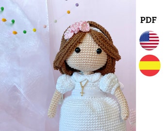 Amigurumi patrón. Muñeca ganchillo tutorial en español y en inglés. Muñeca comunión. Muñeca crochet patrón. PDF  español inglés.