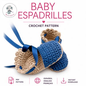 BABY ESPADRILLES crochet pattern, Baby Booties pattern, Crochet shoes PDF, 3 Sizes: English, French, Spanish, Instant Douwnload. Alpargatas.