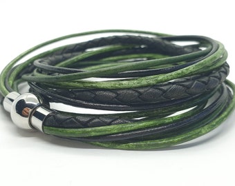 Black with green, leather bracelet / wrap bracelet with stainless steel magnetic clasp (black, black braided, vintage green, vintage classic green)