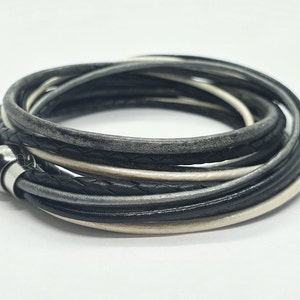 Black - silver leather bracelet / wrap bracelet with stainless steel magnetic clasp