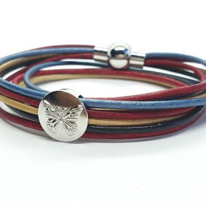 Leather braceletWrap bracelet with butterfly purple, Haze blue Metallic, vintage purple, vintage antique blue