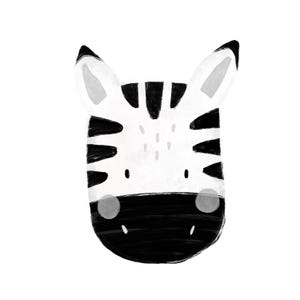 Könnte beinhalten: Schwarz-weiß-Illustration eines Zebra-Gesichts. Das Zebra hat ein schwarz-weiß gestreiftes Muster und eine schwarze Nase.