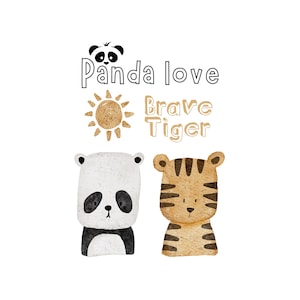 Könnte beinhalten: Eine niedliche Illustration eines Pandas und eines Tigers mit dem Text "Panda love Brave Tiger" und einer Sonnengrafik.