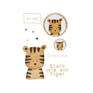 Bügelbilder-Set: Stark wie ein Tiger, A5- oder A4-Bogen mit 3 Tigermotiven, 6 Schriftzügen und Sternen zum Aufbügeln auf Textilien