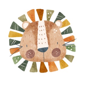 Könnte beinhalten: Ein Cartoon-Löwe mit braunem Gesicht und einer Mähne aus bunten, geometrischen Formen in Grün-, Orange- und Gelbtönen.