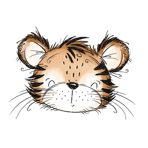 Könnte beinhalten: Eine digitale Illustration eines Tigerkopfes mit beigem Fell, dunkelbraunen Streifen und abgerundeten Ohren. Der Tiger hat eine weiße Schnauze mit schwarzen Schnurrhaaren, eine kleine schwarze Nase und geschlossene Augen, gezeichnet mit Skizzen.