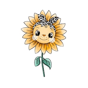 Könnte beinhalten: Eine Cartoon-Sonnenblumen-Illustration mit einem lächelnden Gesicht, großen schwarzen Augen, rosigen Wangen und einer oben gebundenen Schleife mit Leopardenmuster. Die Blume hat gelbe Blütenblätter, einen grünen Stiel und zwei grüne Blätter.