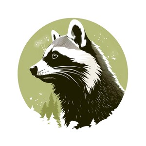 Könnte beinhalten: Eine Schwarzweißillustration eines Waschbärenkopfes im Profil vor einem grünen Kreis mit weißen Punkten. Das Fell des Waschbären ist mit schwarzen und weißen Streifen detailliert, und seine Augen sind schwarz.