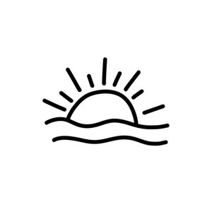 Könnte beinhalten: Eine Schwarzweiß-Zeichnung einer Sonne, die über dem Meer untergeht.