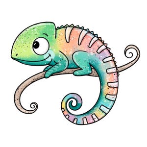 Könnte beinhalten: Ein Cartoon-Chamäleon mit grünem Körper und einem Regenbogen-Schwanz sitzt auf einem Ast. Das Chamäleon hat ein großes, rundes Auge und ein freundliches Lächeln.