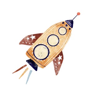Könnte beinhalten: Eine Illustration einer Rakete in Beige-, Braun- und Blautönen. Die Rakete hat zwei große kreisförmige Fenster, sternförmige Akzente auf den Flossen und eine kleine Antenne mit einer roten Kugel. Das Design hat einen strukturierten, Vintage-Look.
