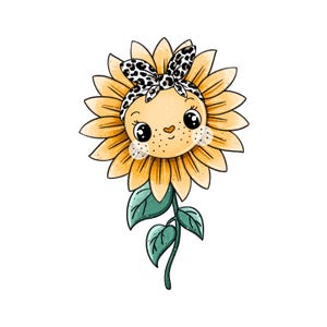 Könnte beinhalten: Eine Cartoon-Sonnenblumenillustration mit einem lächelnden Gesicht, großen schwarzen Augen, Sommersprossen und einer kleinen herzförmigen Nase. Die Blume trägt ein Stirnband mit Leopardenmuster und hat gelbe Blütenblätter sowie einen grünen Stängel.