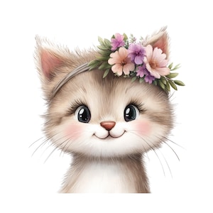 Könnte beinhalten: Eine niedliche Cartoon-Illustration eines hellbraunen Kätzchens, das ein Stirnband mit rosa und lila Blumen trägt. Das Kätzchen hat große, blaue Augen und ein süßes Lächeln.