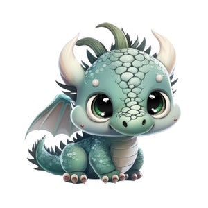 Könnte beinhalten: Ein süßer, grüner Baby-Drache mit großen, grünen Augen und einer kleinen, rosafarbenen Nase. Der Drache hat einen hellblauen Bauch und ein Paar Flügel.