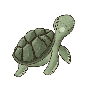 Könnte beinhalten: Eine grüne Meeresschildkröte mit brauner Schale und einem lächelnden Gesicht. Die Schildkröte schwimmt mit ausgestreckten Flossen.