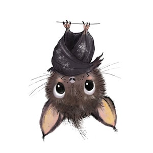 Könnte beinhalten: Eine Cartoon-Illustration einer braunen Fledermaus mit großen Augen, die kopfüber an einem Ast hängt. Die Fledermaus hat einen dunkelgrauen Umhang und schaut den Betrachter an.