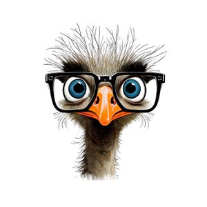 Könnte beinhalten: Eine Cartoon-Illustration eines Straußes, der eine schwarze Brille mit großen blauen Augen trägt. Der Strauß hat einen langen Hals und braune Federn.