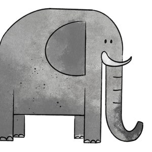 Könnte beinhalten: Eine Cartoon-Illustration eines grauen Elefanten mit einem großen Ohr und einem langen Rüssel. Der Elefant hat einen einfachen, freundlichen Ausdruck.