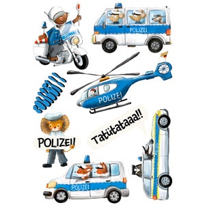 Könnte beinhalten: Ein Set aus blauen und weißen Polizeifahrzeugen mit Tierfiguren. Das Set beinhaltet ein Polizeiauto, ein Motorrad, einen Hubschrauber und einen Polizisten. Die Fahrzeuge tragen den Schriftzug "Polizei".