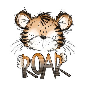 Könnte beinhalten: Eine digitale Illustration eines Tigerbabys mit braunen und schwarzen Streifen, abgerundeten Ohren und Schnurrhaaren. Unter dem Tiger steht das Wort ROAR in großen, stilisierten Blockbuchstaben mit einem horizontalen Streifenmuster in Brauntönen.