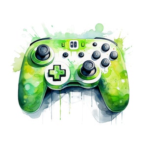 Könnte beinhalten: Ein grüner und weißer Videospiel-Controller mit schwarzen Knöpfen und einem grünen, kreuzförmigen Steuerkreuz. Der Controller ist mit einem Aquarell-Effekt bemalt, mit grünen und weißen Spritzern.
