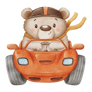 Könnte beinhalten: Ein brauner Bär mit einem braunen und schwarzen Helm und einem gelben Schal fährt ein rotes Rennwagen mit schwarzen Rädern.