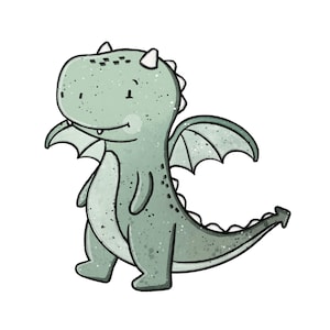 Könnte beinhalten: Eine skurrile Illustration eines freundlichen, hellgrünen Drachen mit lächelndem Gesicht. Der Drache hat kleine Flügel, einen langen Schwanz und steht aufrecht. Das Kunstwerk hat einen Aquarellstil mit gesprenkelter Textur, vor weißem Hintergrund.