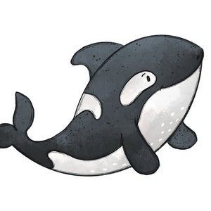 Könnte beinhalten: Eine Schwarzweiß-Cartoon-Illustration eines Orcas mit Aquarell-Effekt. Der Orca schwimmt mit geschlossenem Maul nach rechts.