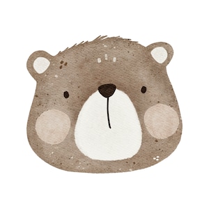 Könnte beinhalten: Aquarell-Illustration eines Bärengesichts. Der Bär hat einen braunen Kopf mit weißer Schnauze und Ohren. Die Augen des Bären sind klein und schwarz, und er hat eine schwarze Nase. Die Wangen des Bären sind hellbraun.