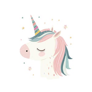 Könnte beinhalten: Ein weißes Einhorn mit einer rosa-blauen Mähne und einem bunten Horn. Das Einhorn hat die Augen geschlossen und ist von kleinen Sternen umgeben.