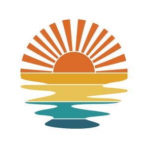 Könnte beinhalten: Retro-Grafik eines Sonnenuntergangs über dem Wasser. Die orangefarbene Sonne hat Strahlen, über Schichten von Gelb, Gold und Blaugrün, was eine Reflexion suggeriert. Das Design hat eine Vintage- und Strandästhetik.