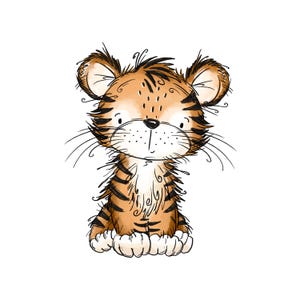 Könnte beinhalten: Eine digitale Illustration eines kleinen Tigerbabys mit orangefarbenem Fell, schwarzen Streifen und weißen Akzenten an Pfoten und Brust. Das Tigerbaby hat große Ohren, eine abgerundete Schnauze mit schwarzen Schnurrhaaren und einen Skizzenstil.