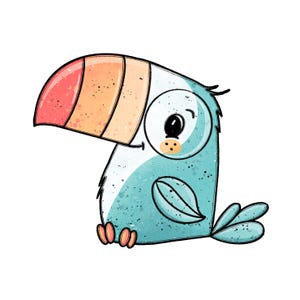 Könnte beinhalten: Ein Cartoon-Tukan mit einem großen orangefarbenen und roten Schnabel, einem blau-weiß gefleckten Körper und einem kleinen Flügel. Der Tukan hat ein großes, rundes Auge und einen kleinen, geschlossenen Mund.
