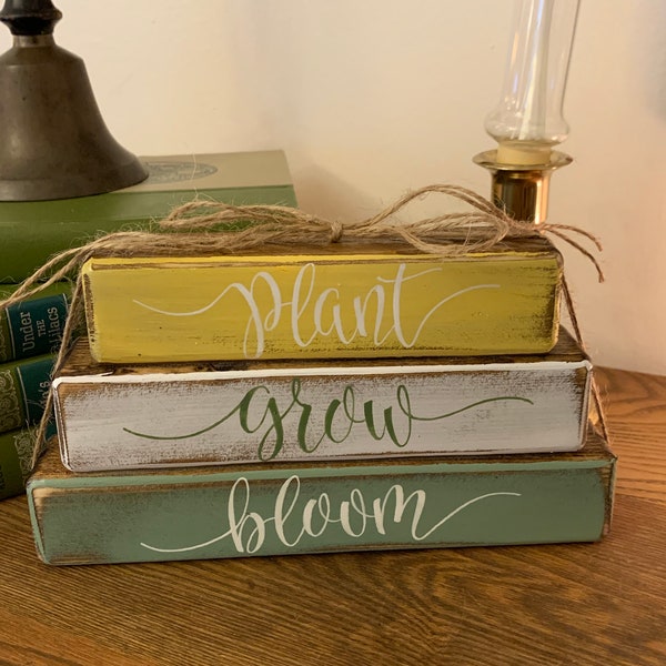 Plant Grow Bloom Stacked Blocks/Block Set/Accent Piece/Wooden Sign/Blocks/Shelf Sitter/Spring Decor/Gift for Friend/Painted Blocks