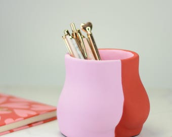 Red & Blush Pink Concrete Pen Holder, Modern Desk Organizer, Color Block Decor, Handmade Pencil Holder, Office Accessories