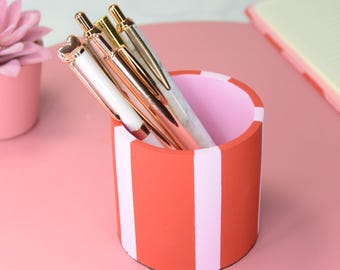 Red & Pink Concrete Pen Holder, Colorful Desk Organizer, Dopamine Decor, Maximalist Office Decor, Handmade Pencil Holder