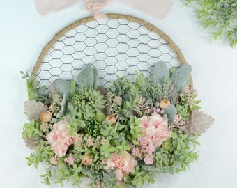 Succulent Floral Wreath, Pink Front Door Wreath, Spring Summer Wall Decor, Rustic Chicken Wire Wreath, Handmade Farmhouse Decor