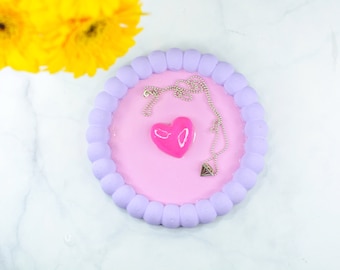 Handmade Concrete Circle Tray, Pink & Purple, 3D Heart Decor