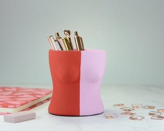 Red & Pink Concrete Female Body Pen Holder, Modern Desk Organizer, Feminine Office Decor, Handmade Sculptural Pencil Holder