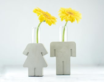 Concrete Couple Vase Set, Minimalist Male & Female Test Tube Vases, Scandinavian Home Decor, Handmade Wedding Gift