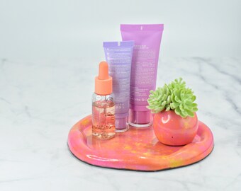 Orange-Pink Wavy Circle Tray and Ball Pot With An Artificial Succulent Made Of Concrete, Colorful Organization Set, Colorful Gift For Her