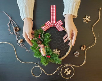 Unique Christmas Gift, Rustic Holiday Door Wreath with Mini Glass Vial, Farmhouse Christmas Wall Hanging, Red and White Checkered Bow