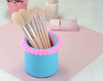Blue Concrete Makeup Brush Holder, Pink Pom Pom Brush Organizer, Vanity Storage, Cute Decor, Handmade Gift