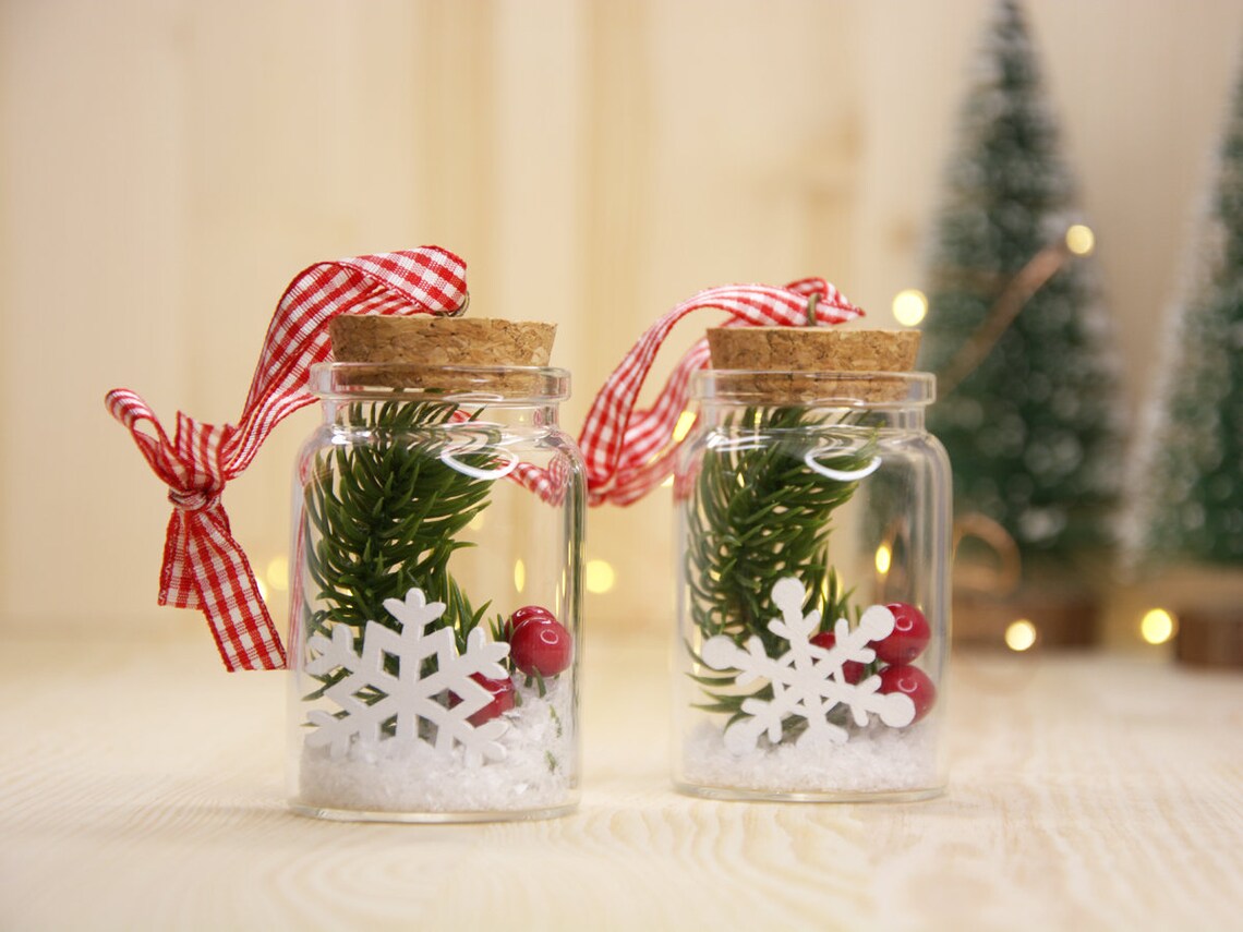 Christmas Glass Jar Ornament Set of 2 Snowflake Pine Etsy