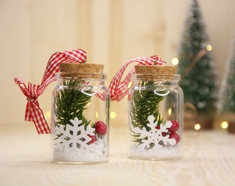 Nordic Snowflake Glass Jar Ornaments, Set of 2, Scandi Christmas Tree Decor, Mini Pine Branch in Glass, Rustic Holiday Hanging Gift