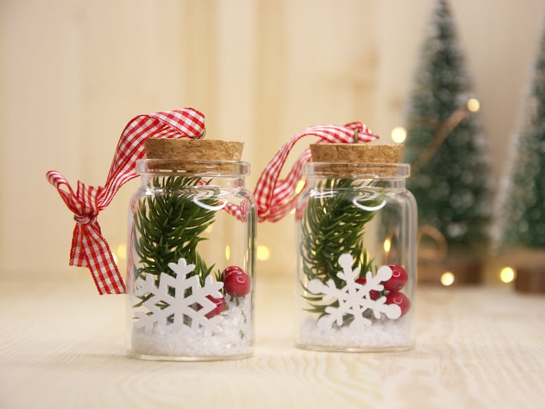 Christmas Glass Jar Ornament Set of 2 Snowflake Pine Etsy