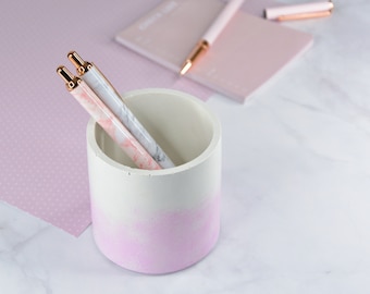 Pens Holder, Make Up Brushes Pot, White Concrete, Pink, Desk storage, Vanity Organizer, Office Accessory, Gift for Her