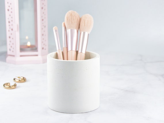Makeup Organizer for Vanity, Makeup Brush Holder, White Concrete Vase, Minimalist Decor, Gift for Her